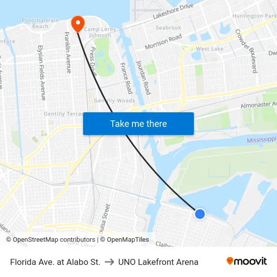 Florida Ave. at Alabo St. to UNO Lakefront Arena map