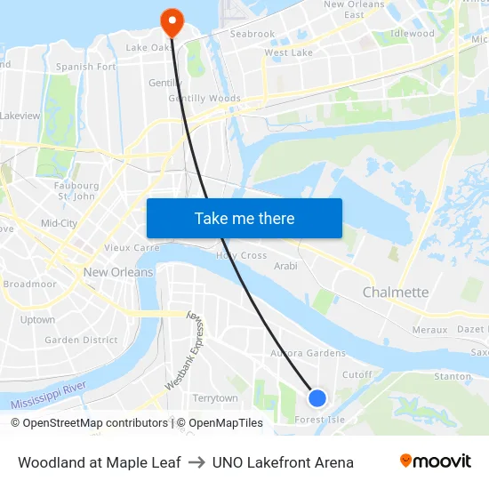 Woodland at Maple Leaf to UNO Lakefront Arena map
