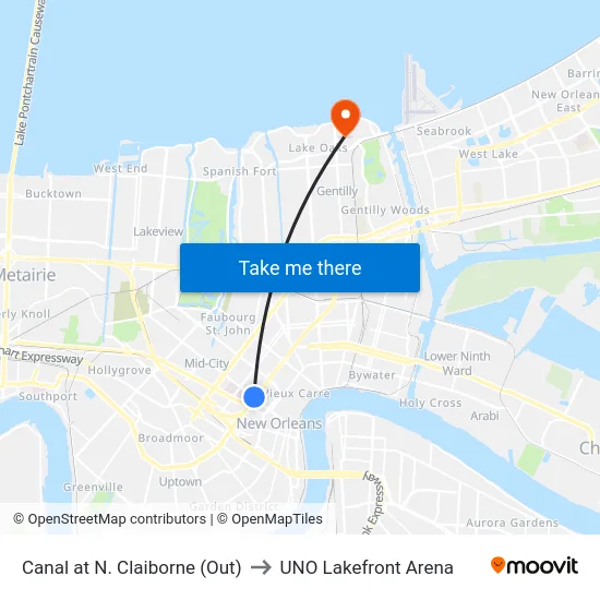 Canal at N. Claiborne (Out) to UNO Lakefront Arena map