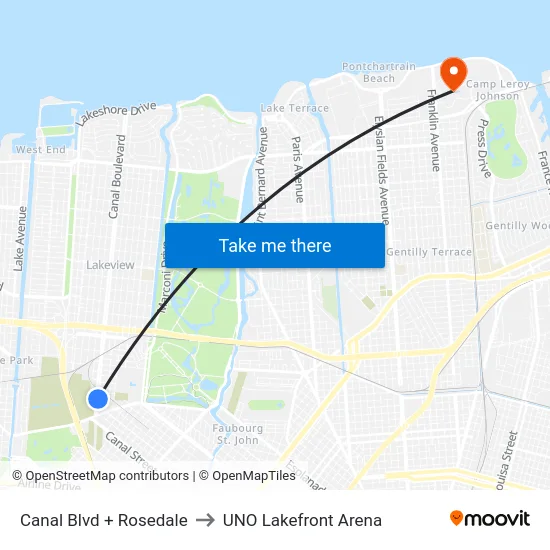 Canal Blvd + Rosedale to UNO Lakefront Arena map