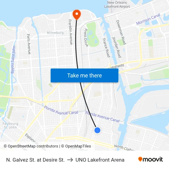 N. Galvez St. at Desire St. to UNO Lakefront Arena map