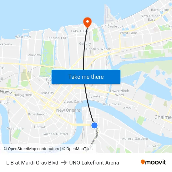 L B at Mardi Gras Blvd to UNO Lakefront Arena map