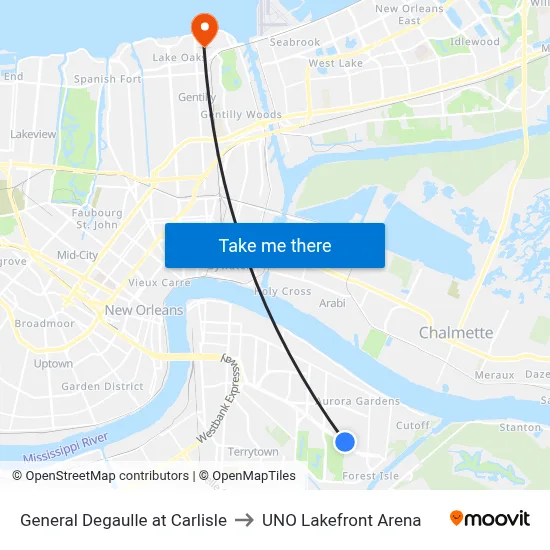 General Degaulle at Carlisle to UNO Lakefront Arena map