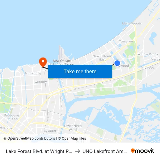 Lake Forest Blvd. at Wright Rd. to UNO Lakefront Arena map