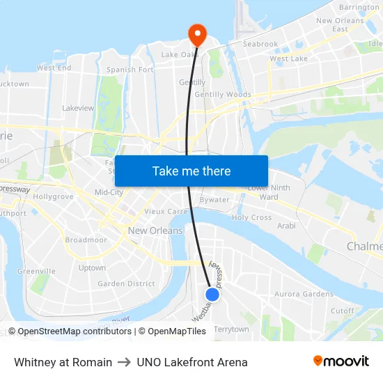 Whitney at Romain to UNO Lakefront Arena map