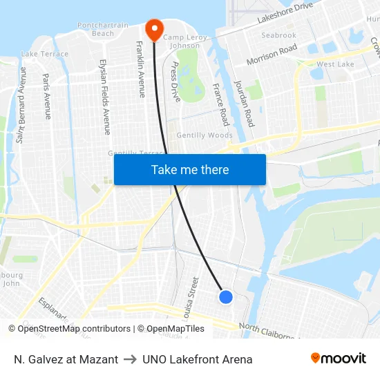 N. Galvez at Mazant to UNO Lakefront Arena map