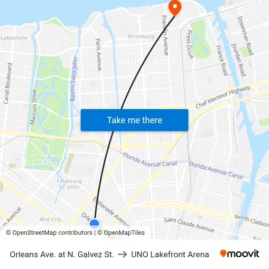 Orleans Ave. at N. Galvez St. to UNO Lakefront Arena map