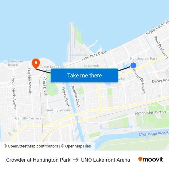 Crowder at Huntington Park to UNO Lakefront Arena map