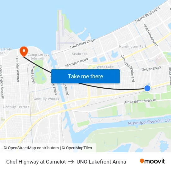 Chef Highway at Camelot to UNO Lakefront Arena map