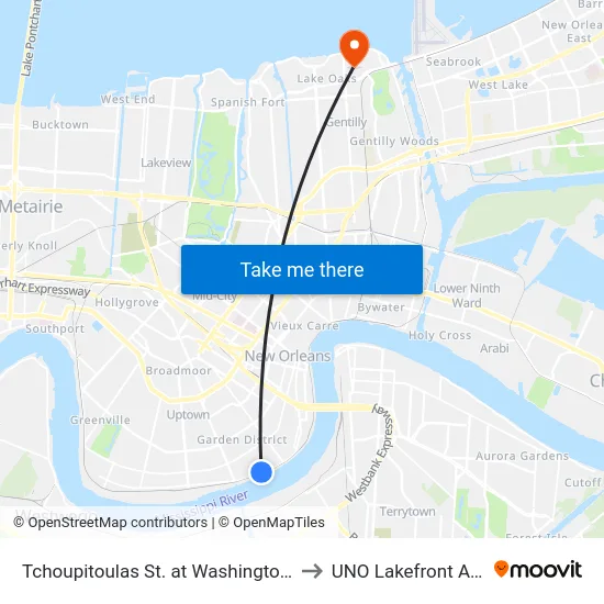 Tchoupitoulas St. at Washington Ave. to UNO Lakefront Arena map