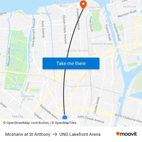 Mcshane at St Anthony to UNO Lakefront Arena map