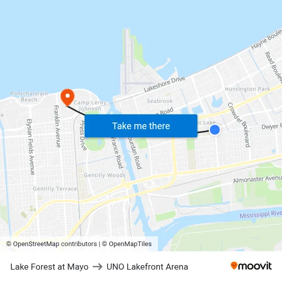 Lake Forest at Mayo to UNO Lakefront Arena map