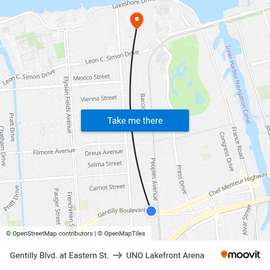 Gentilly Blvd. at Eastern St. to UNO Lakefront Arena map