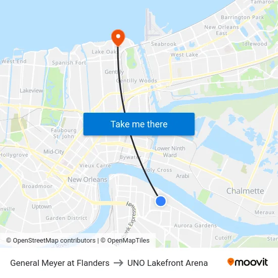 General Meyer at Flanders to UNO Lakefront Arena map
