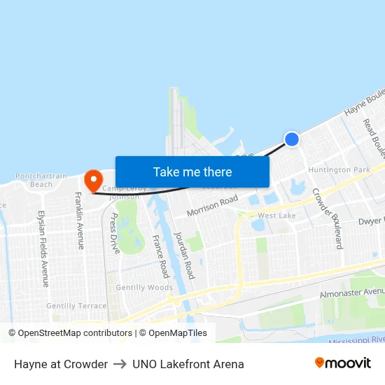 Hayne at Crowder to UNO Lakefront Arena map