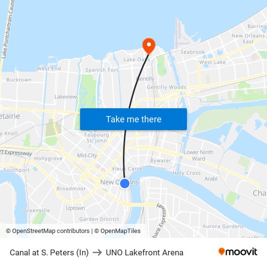 Canal at S. Peters (In) to UNO Lakefront Arena map