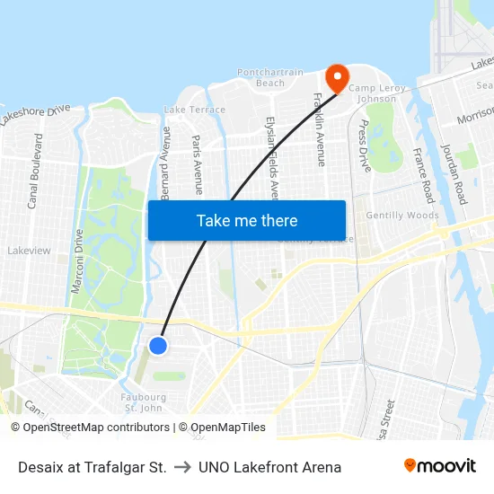 Desaix at Trafalgar St. to UNO Lakefront Arena map