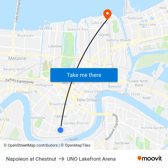 Napoleon at Chestnut to UNO Lakefront Arena map