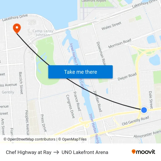 Chef Highway at Ray to UNO Lakefront Arena map