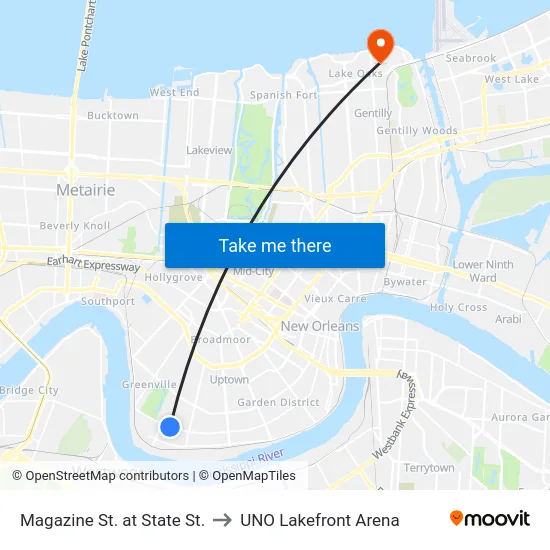Magazine St. at State St. to UNO Lakefront Arena map