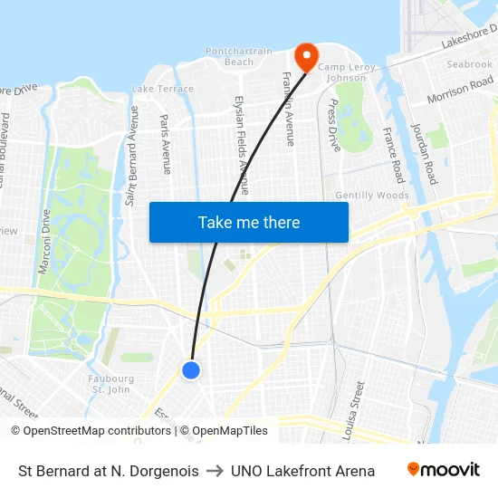 St Bernard at N. Dorgenois to UNO Lakefront Arena map