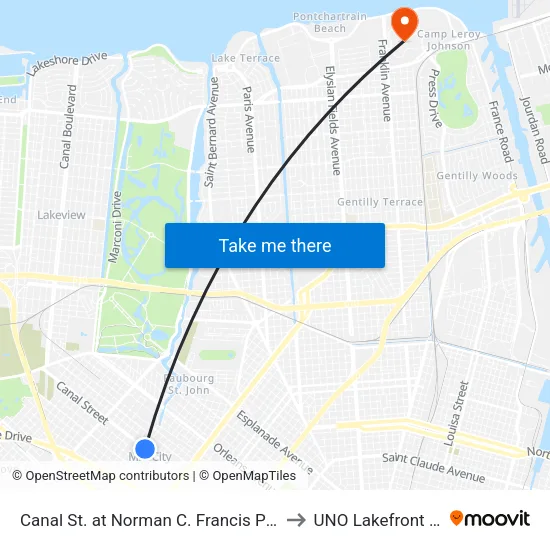 Canal St. at Norman C. Francis Pkwy. (Out) to UNO Lakefront Arena map