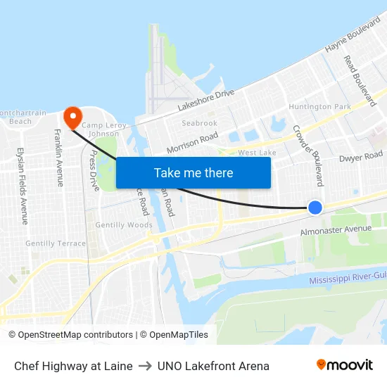 Chef Highway at Laine to UNO Lakefront Arena map