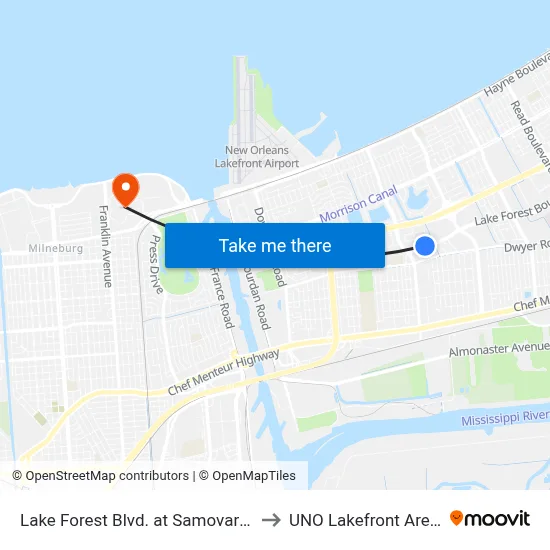 Lake Forest Blvd. at Samovar Dr. to UNO Lakefront Arena map
