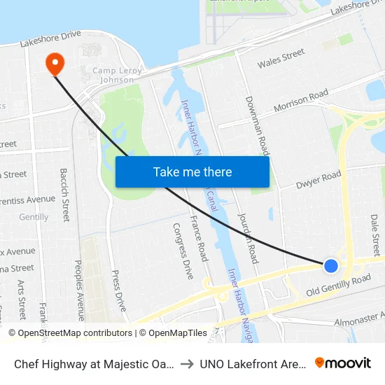 Chef Highway at Majestic Oaks to UNO Lakefront Arena map