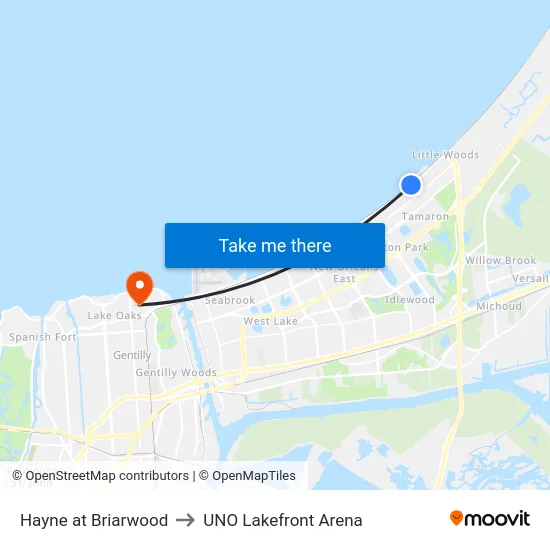 Hayne at Briarwood to UNO Lakefront Arena map