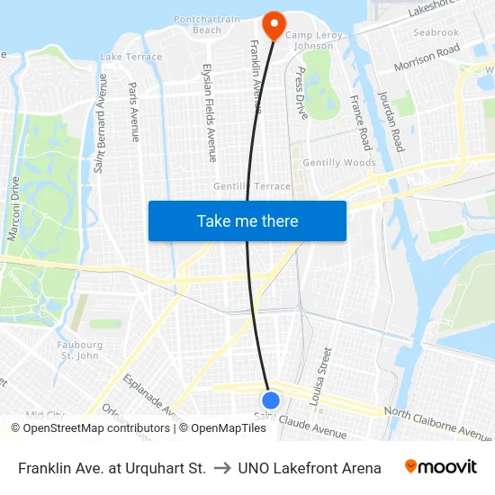 Franklin Ave. at Urquhart St. to UNO Lakefront Arena map