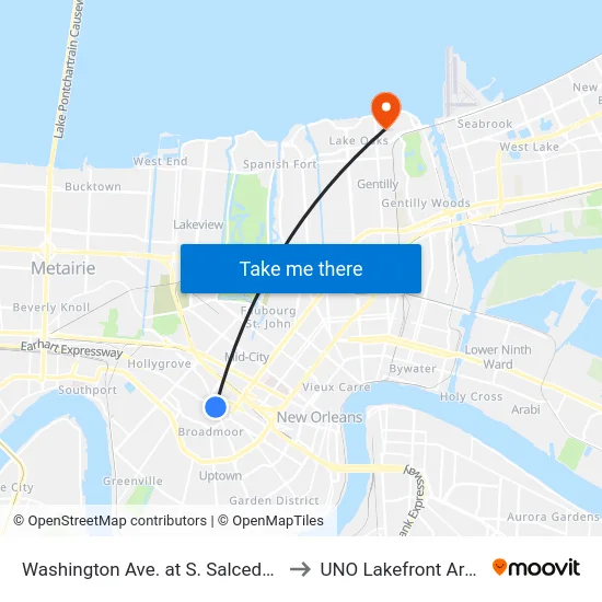Washington Ave. at S. Salcedo St. to UNO Lakefront Arena map