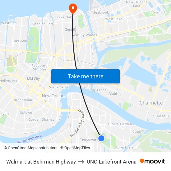 Walmart at Behrman Highway to UNO Lakefront Arena map
