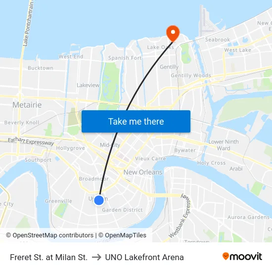 Freret St. at Milan St. to UNO Lakefront Arena map