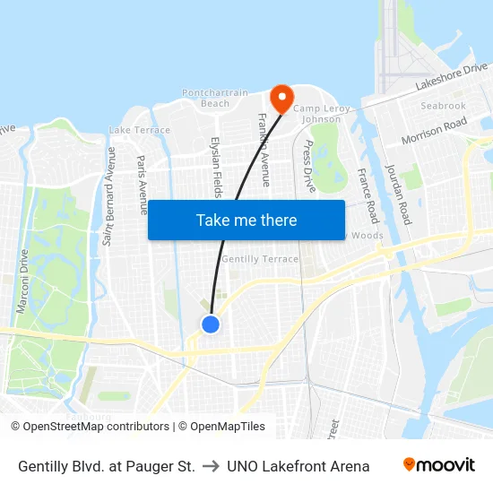 Gentilly Blvd. at Pauger St. to UNO Lakefront Arena map