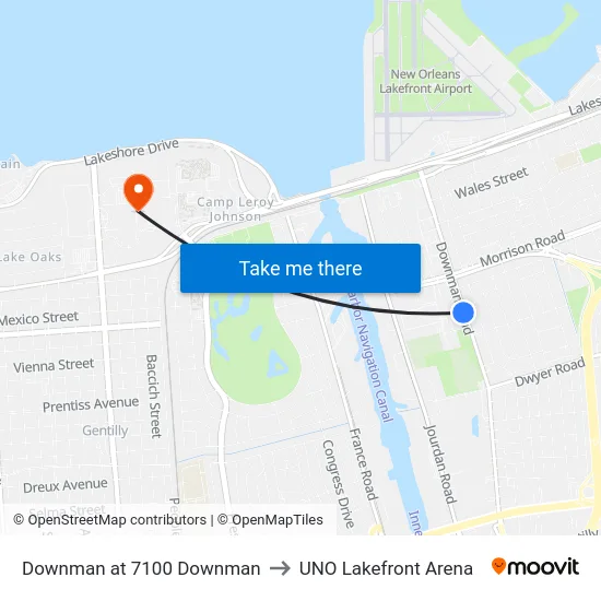 Downman at 7100 Downman to UNO Lakefront Arena map