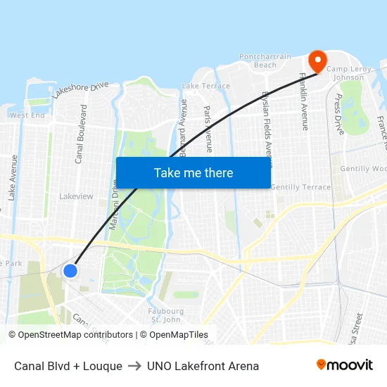 Canal Blvd + Louque to UNO Lakefront Arena map