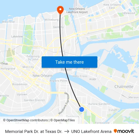 Memorial Park Dr. at Texas Dr. to UNO Lakefront Arena map
