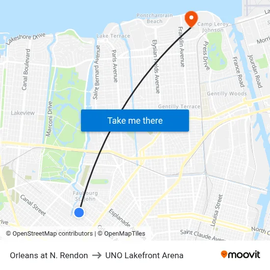 Orleans at N. Rendon to UNO Lakefront Arena map