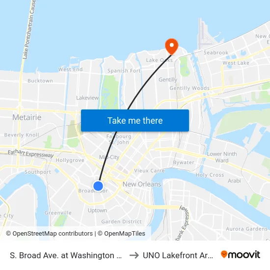 S. Broad Ave. at Washington Ave. to UNO Lakefront Arena map
