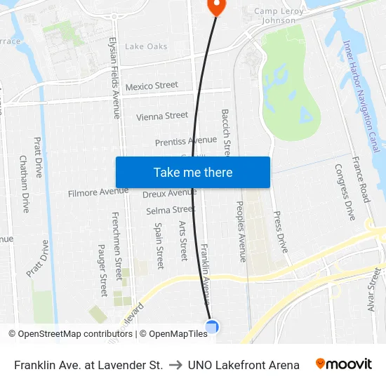 Franklin Ave. at Lavender St. to UNO Lakefront Arena map