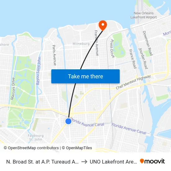 N. Broad St. at A.P. Tureaud Ave. to UNO Lakefront Arena map