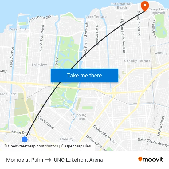 Monroe at Palm to UNO Lakefront Arena map