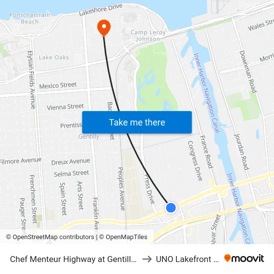 Chef Menteur Highway at Gentilly Walmart to UNO Lakefront Arena map