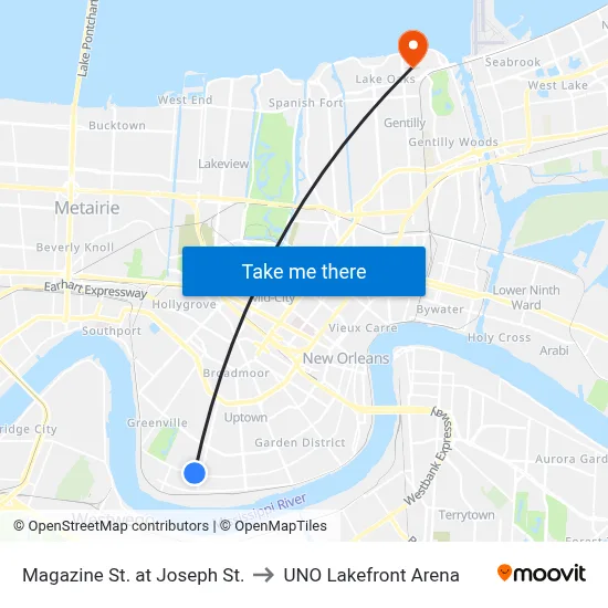 Magazine St. at Joseph St. to UNO Lakefront Arena map