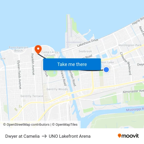 Dwyer at Camelia to UNO Lakefront Arena map