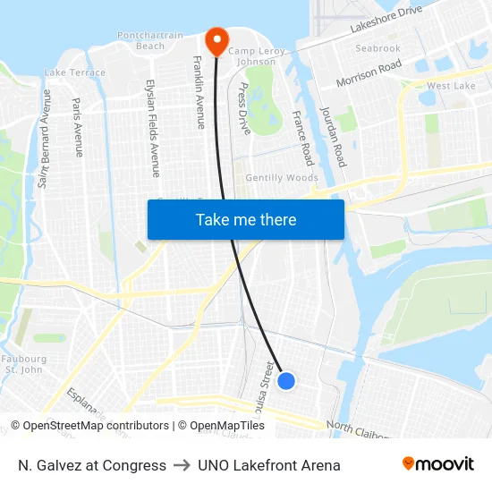 N. Galvez at Congress to UNO Lakefront Arena map