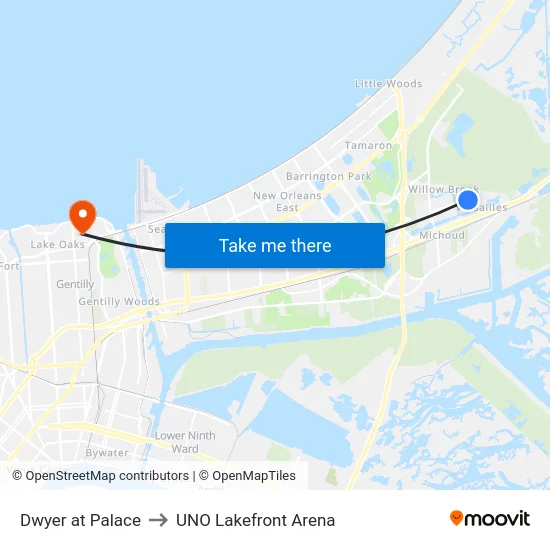 Dwyer Blvd. at Palace St. to UNO Lakefront Arena map