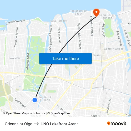 Orleans at Olga to UNO Lakefront Arena map