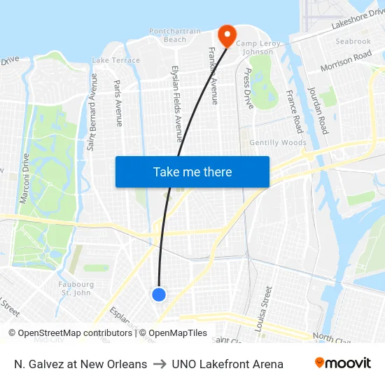 N. Galvez at New Orleans to UNO Lakefront Arena map